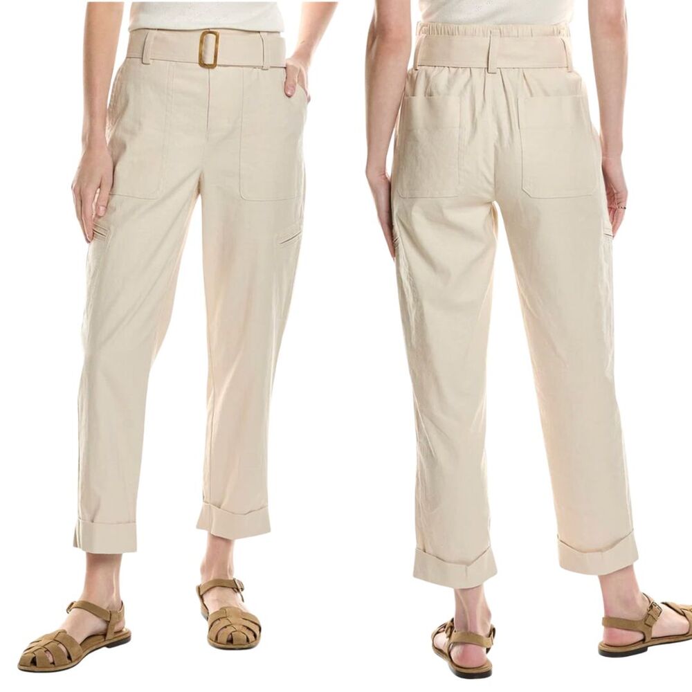 NWT Vince Belted Linen Cargo Cropped Pants Khaki Tan Size M